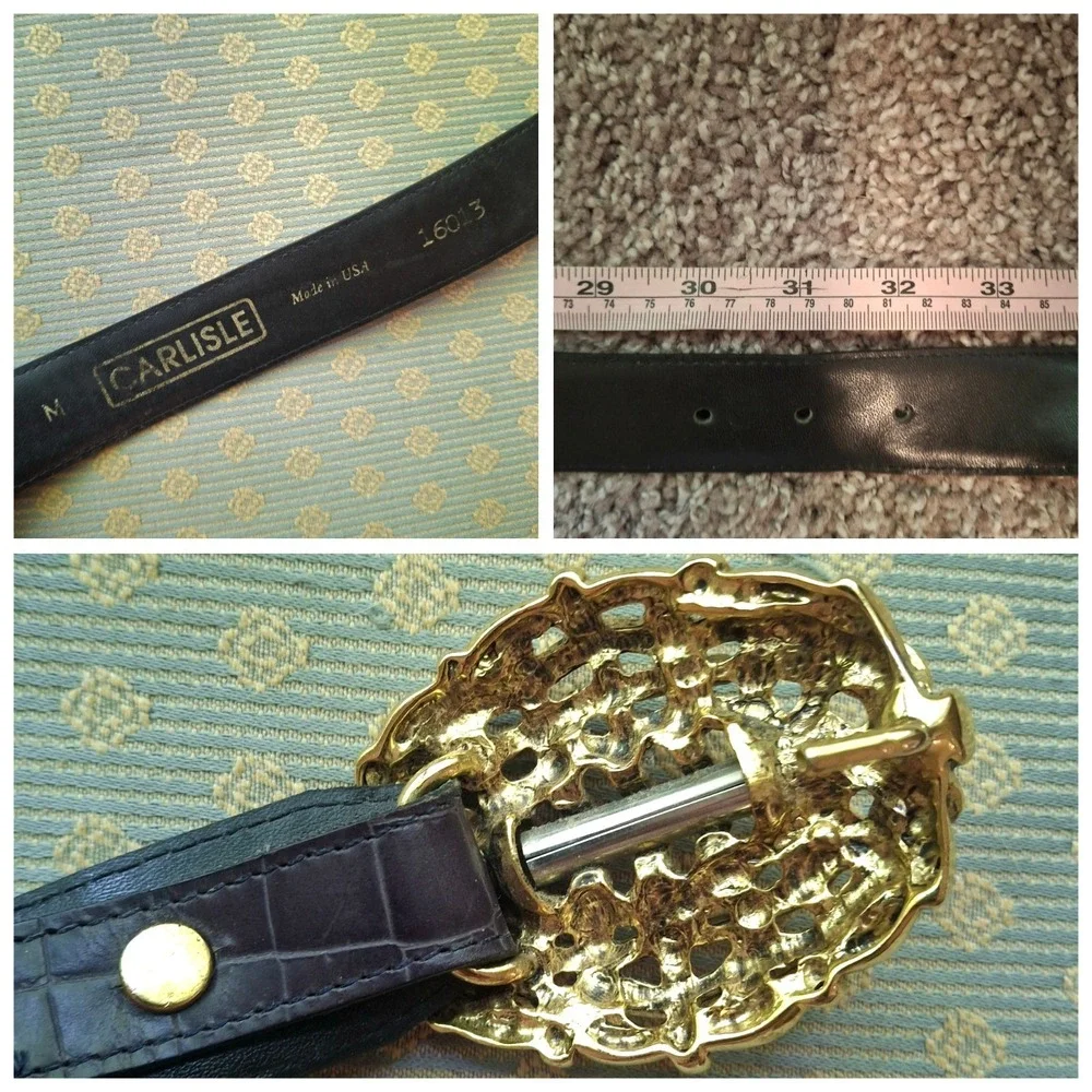 90s Vtg Carlisle Womens Belt Black Croc Embossed Leather Gold Statement Buckle M